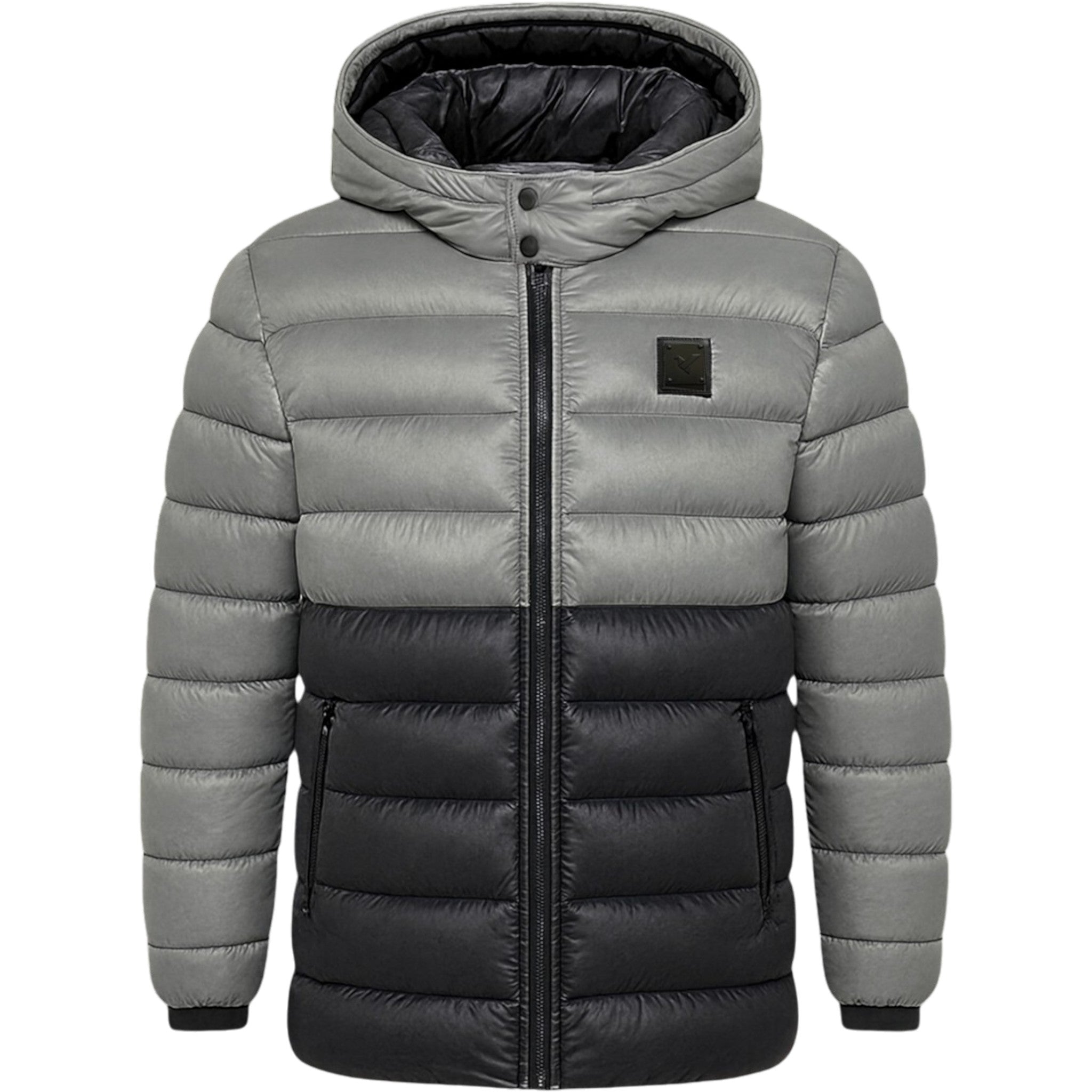 Men’s black and grey two-tone puffer jacket with detachable hood, quilted winter coat